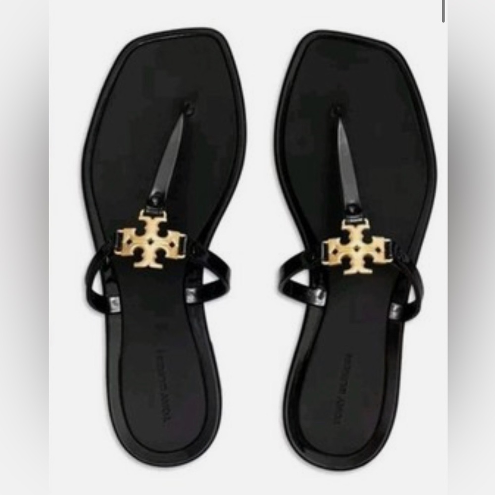 Tory Burch Black Sandals Roxanne Square Toe Thongs with Gold Accent NWOT Size 12